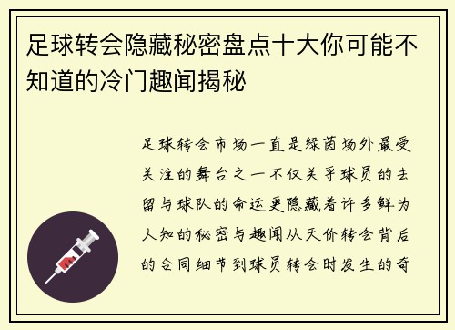 足球转会隐藏秘密盘点十大你可能不知道的冷门趣闻揭秘