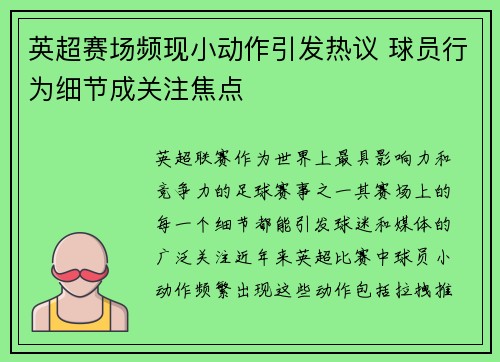 英超赛场频现小动作引发热议 球员行为细节成关注焦点 英超赛场频现小动作引发热议 球员行为细节成关注焦点