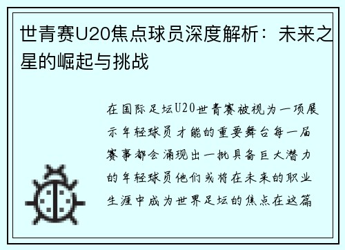 世青赛U20焦点球员深度解析：未来之星的崛起与挑战