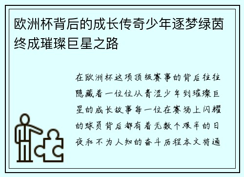 欧洲杯背后的成长传奇少年逐梦绿茵终成璀璨巨星之路 欧洲杯背后的成长传奇少年逐梦绿茵终成璀璨巨星之路